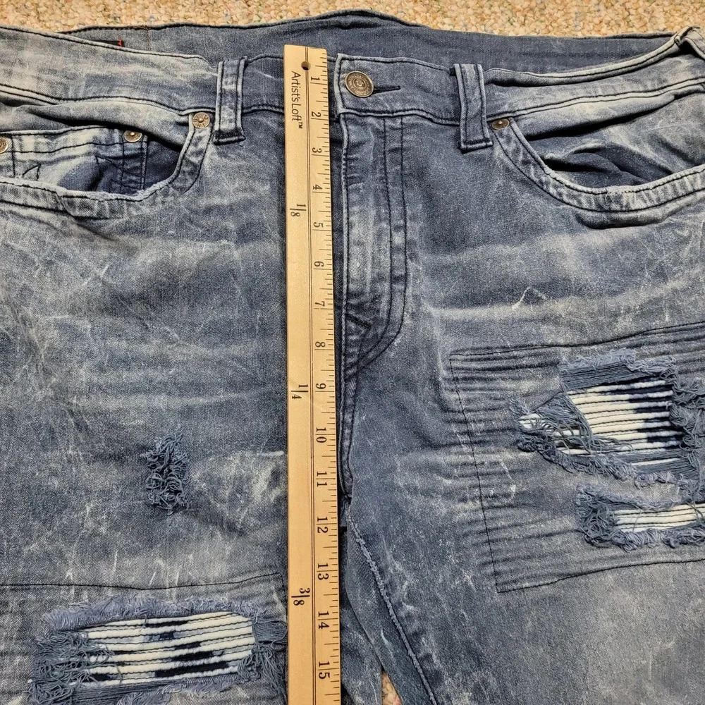 True Religion Rocco Jeans Mens 40 Blue Distressed Marbled Relaxed Skinny Fit